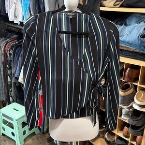 Express Black and Green Striped Wrap Blouse Top
